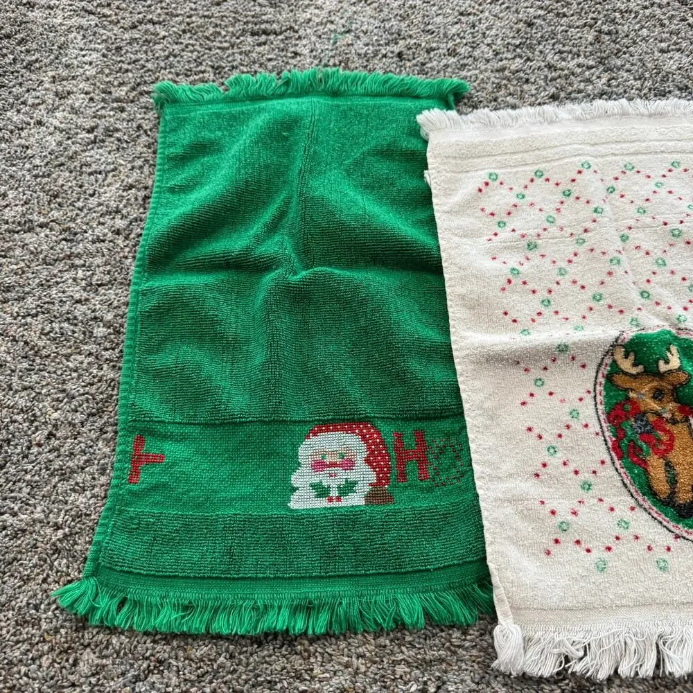 LOT of 3 Christmas Themed Hand Towels Reindeer Santa Claus Stocking & Poinsettia
